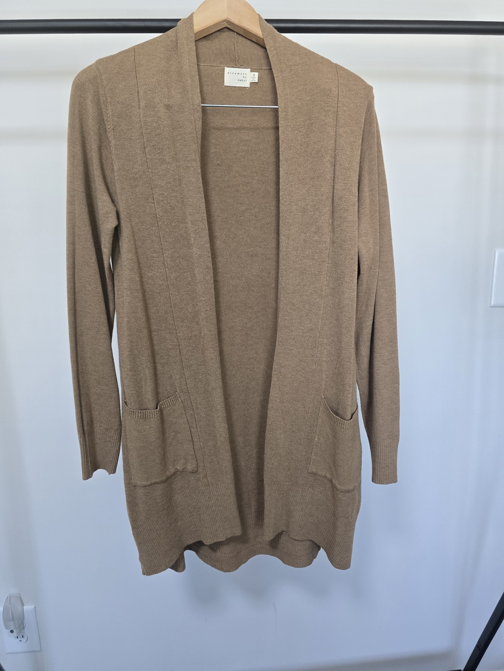 Dreamers Open-Front Long Cardigan Sweater in Camel Brown
